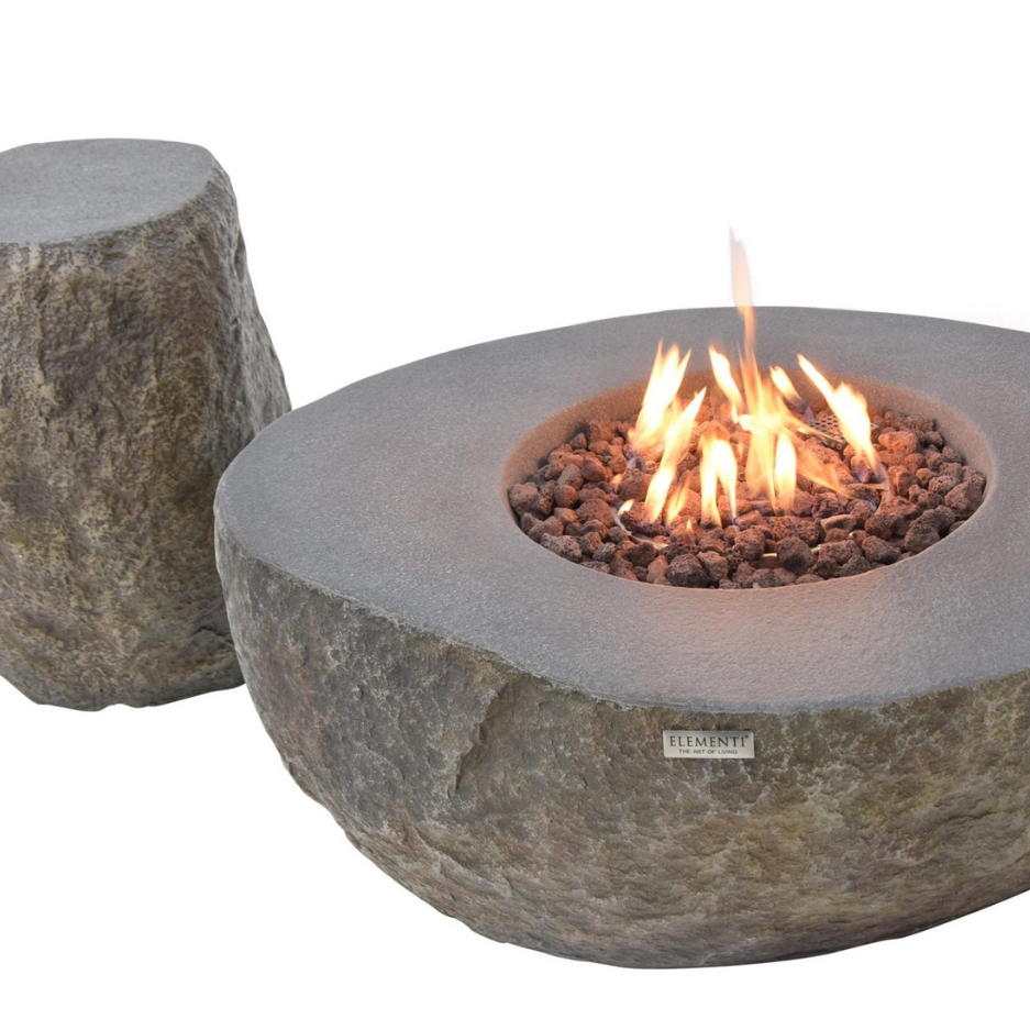 Elementi boulder fire pit table lit beside tank cover