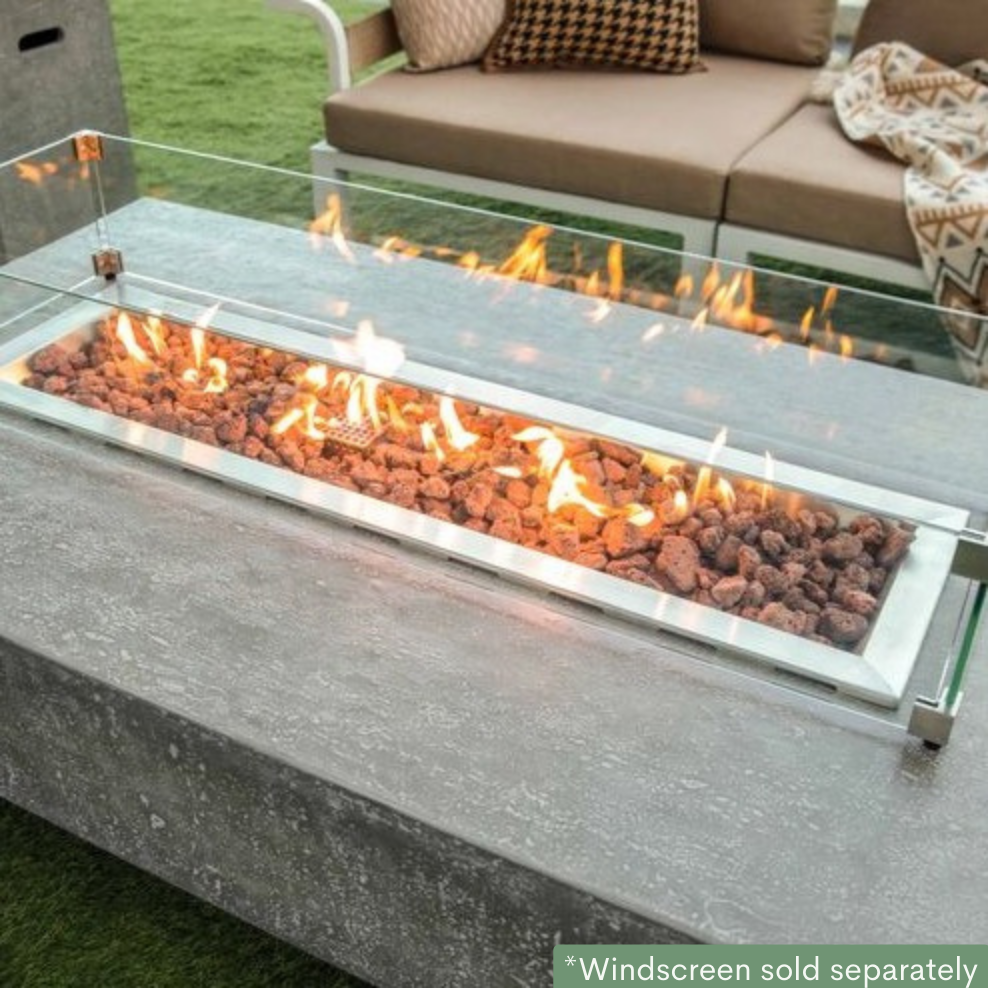 Elementi Hampton Fire Pit Table in Light Gray lit outdoor in topview