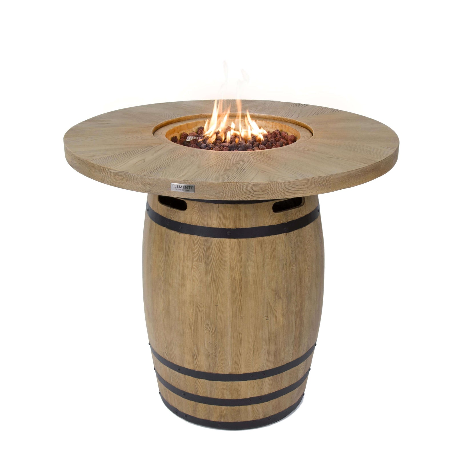 Elementi Lafite Barrel Fire Table in Redwood lit