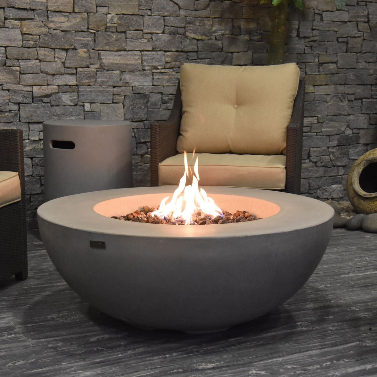 Elementi Lunar Bowl Fire Pit Table - Light Gray Lit Indoor Close Up