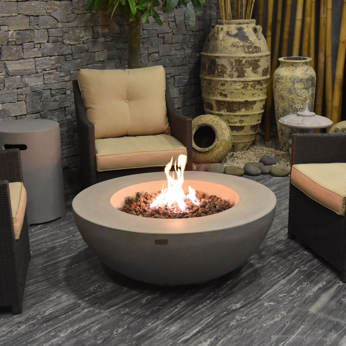 Elementi Lunar Bowl Fire Pit Table - Light Gray Lit Indoor