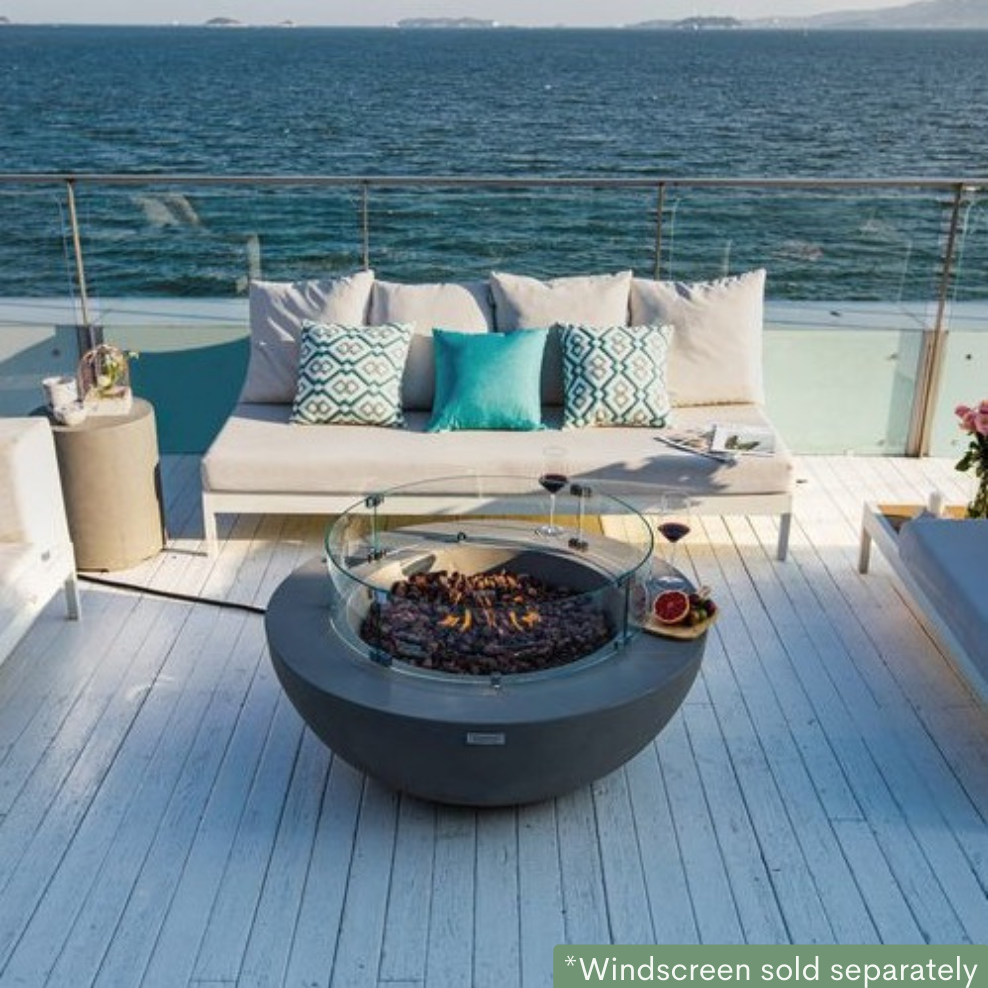 Elementi Lunar Bowl Fire Pit Table - Light Gray in a Porch with Teal accents