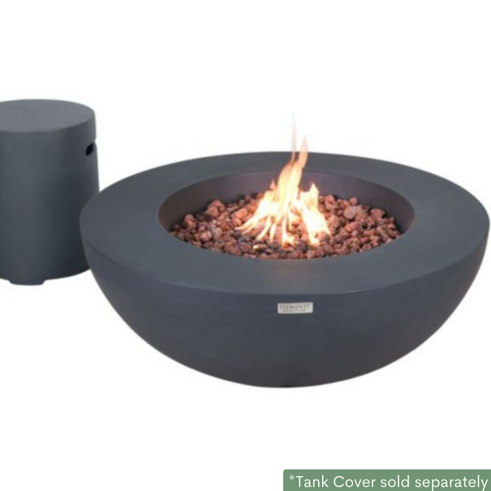 Elementi Lunar Bowl Fire Pit Table - Dark Gray Lit beside Tank Cover