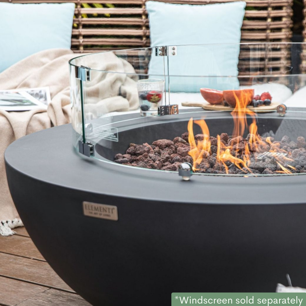 Elementi Lunar Bowl Fire Pit Table - Dark Gray Lit with Wind Screen Close up