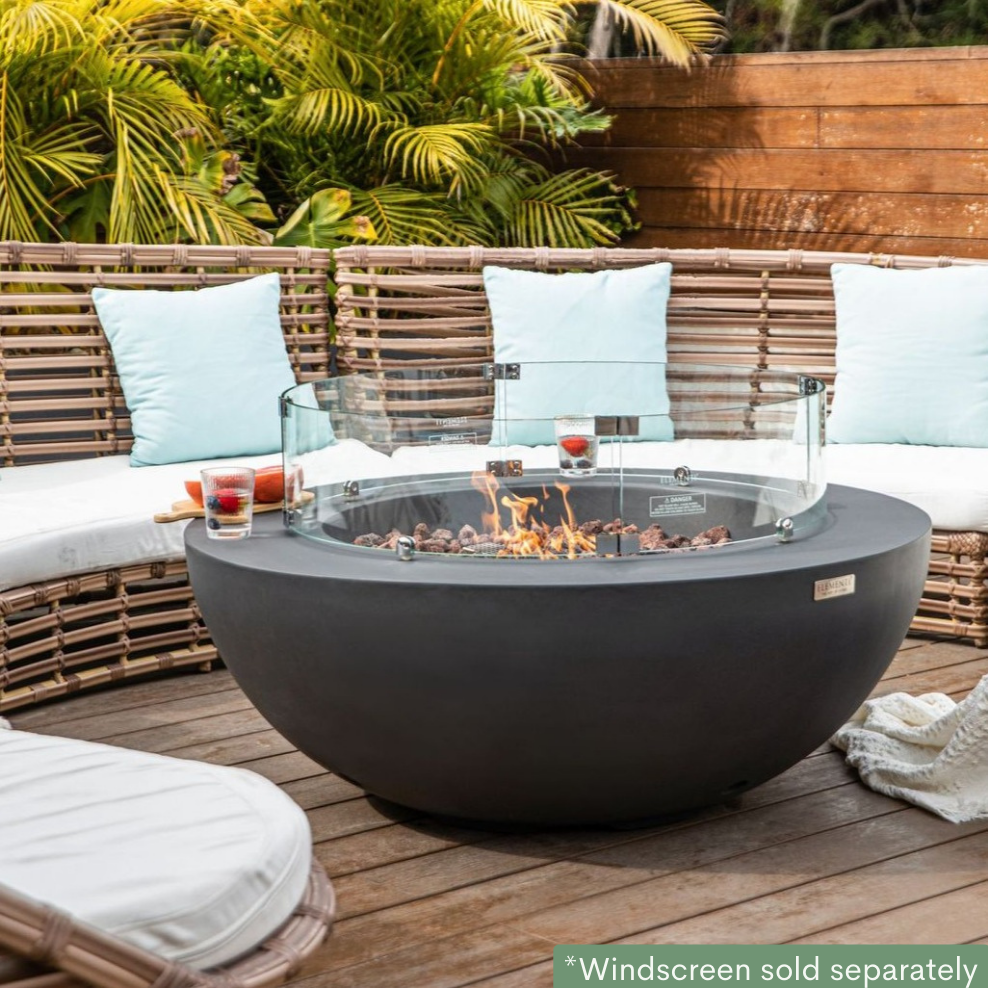 Elementi Lunar Bowl Fire Pit Table - Dark Gray Lit in a Porch with Wind Screen