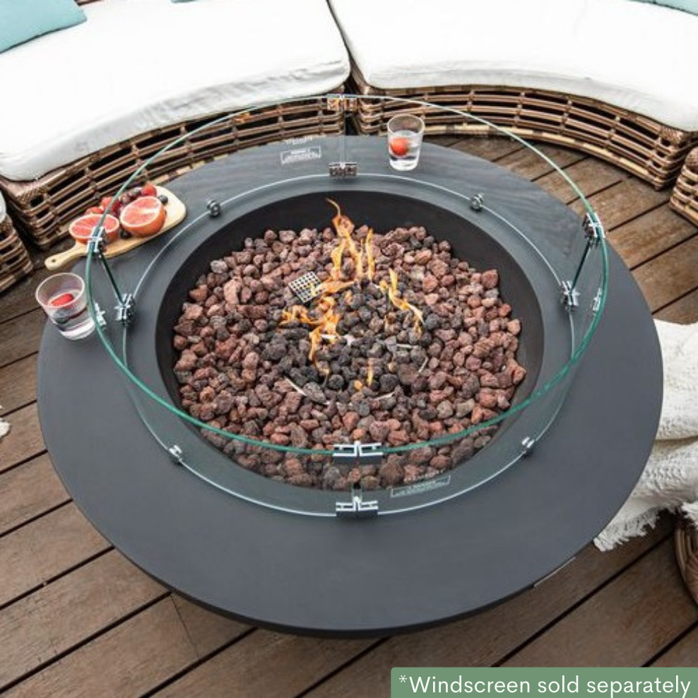 Elementi Lunar Bowl Fire Pit Table - Dark Gray Lit With Wind screen Top view Close Up