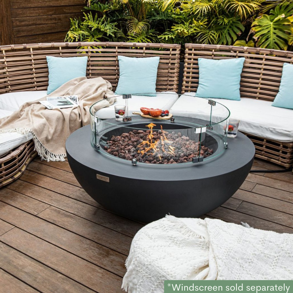 Elementi Lunar Bowl Fire Pit Table - Dark Gray Lit with Wind Screen Top view