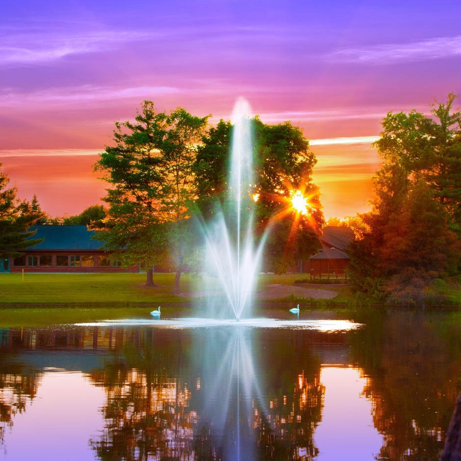 Scott Aerator The Atriarch Fountain in a lake with colorful sky