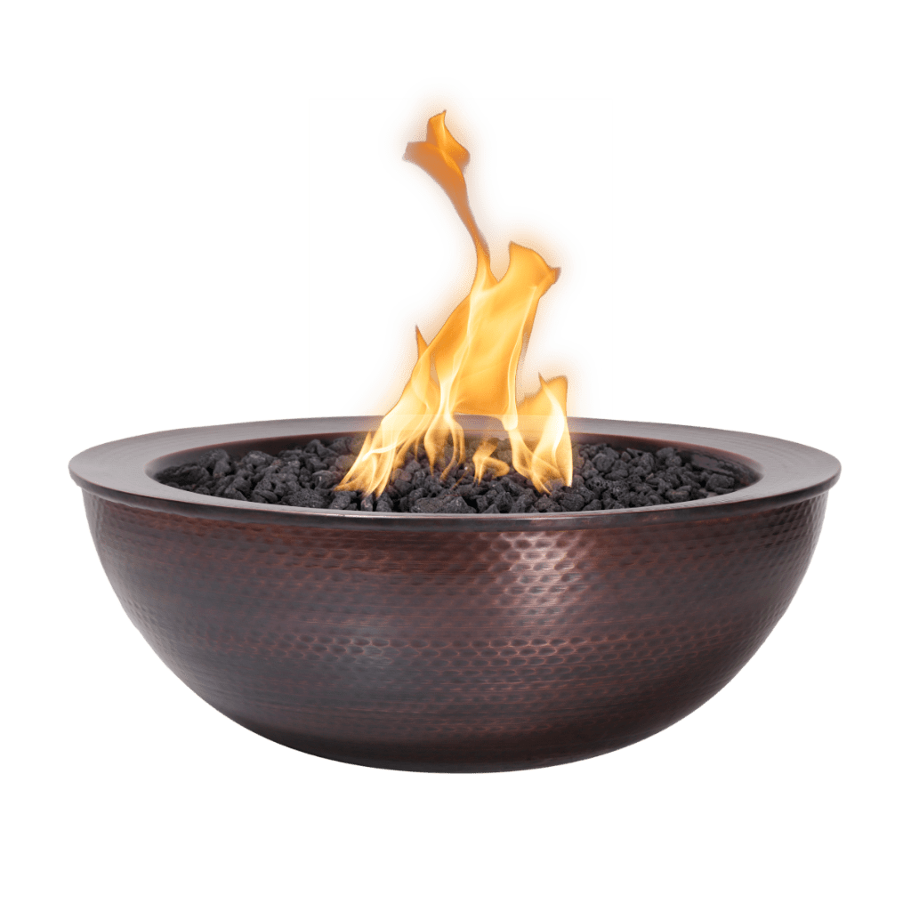 The Outdoor Plus 27" Sedona Hammered Copper Round Fire Bowl Lit