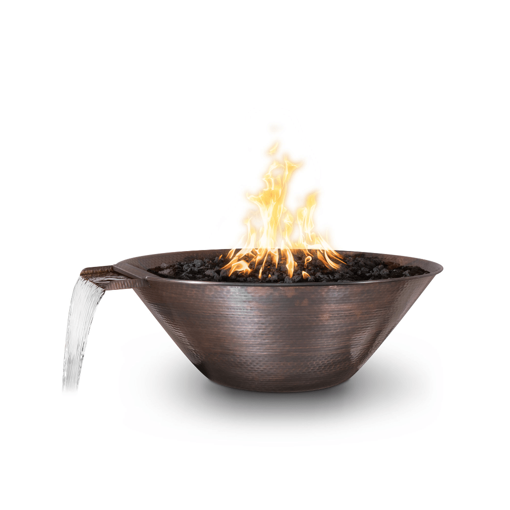 The Outdoor Plus Maya Copper Fire and Water Bowl Lit and Flowing