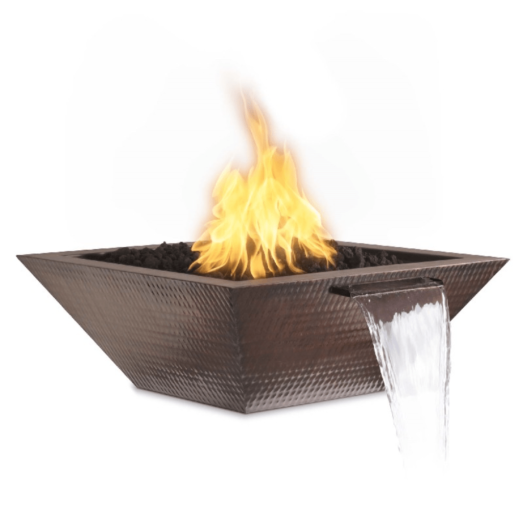The Outdoor Plus Maya Hammered Copper Fire and Water Bowl Lit and Flowing