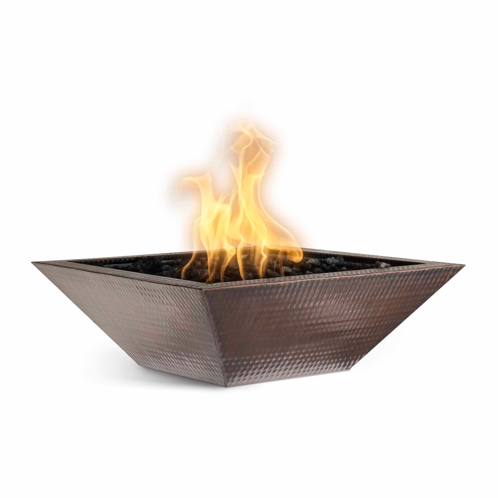 The Outdoor Plus Maya Hammered Copper Square Fire Bowl Lit