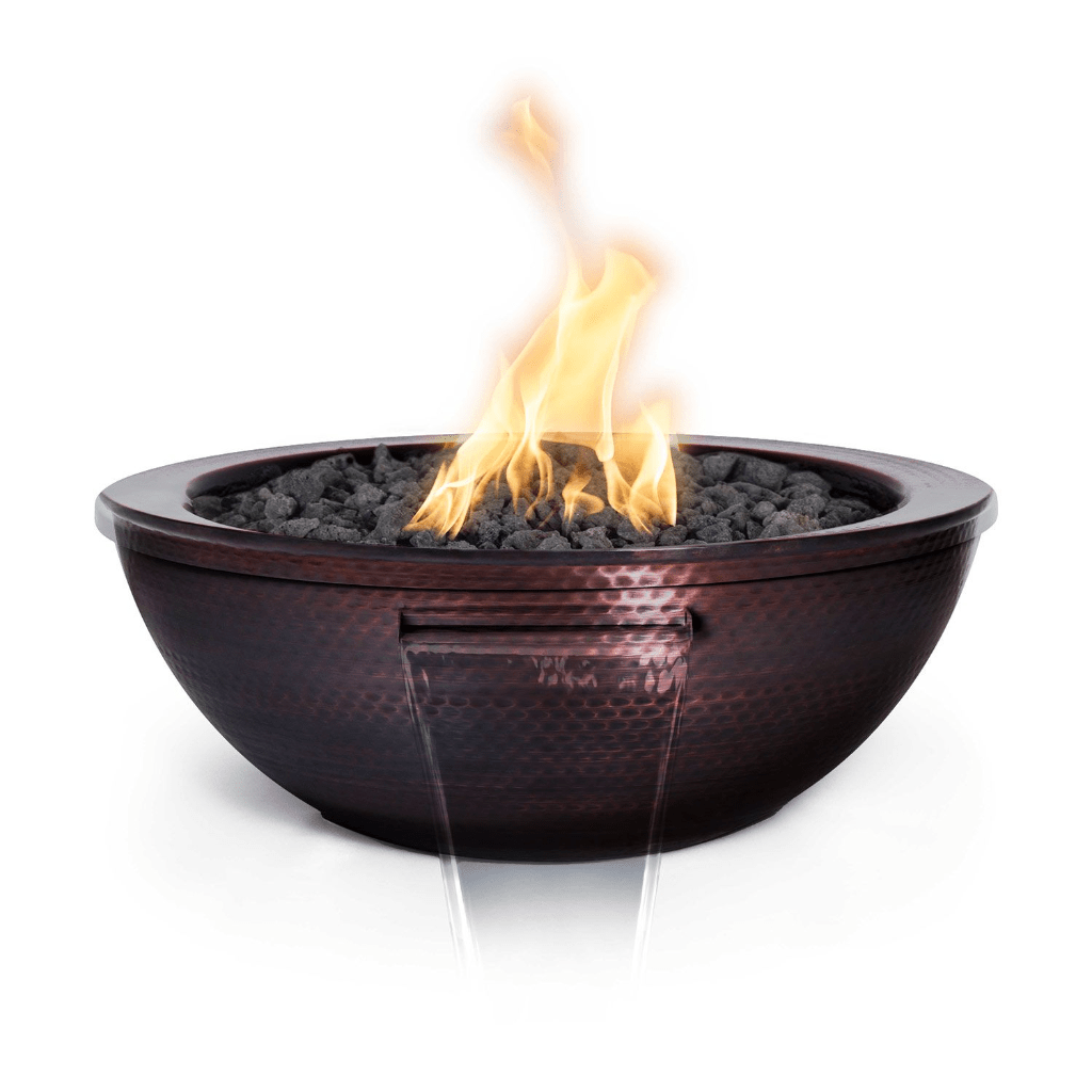 The Outdoor Plus 27&quot; Sedona Hammered Copper Fire and Water Bowl Lit and Flowing Front view