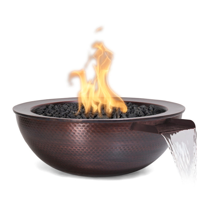 The Outdoor Plus 27" Sedona Hammered Copper Fire and Water Bowl Lit and Flowing Side View