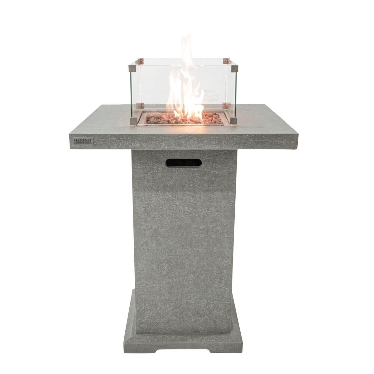Elementi Montreal Bar Table in Light Gray lit with wind screen